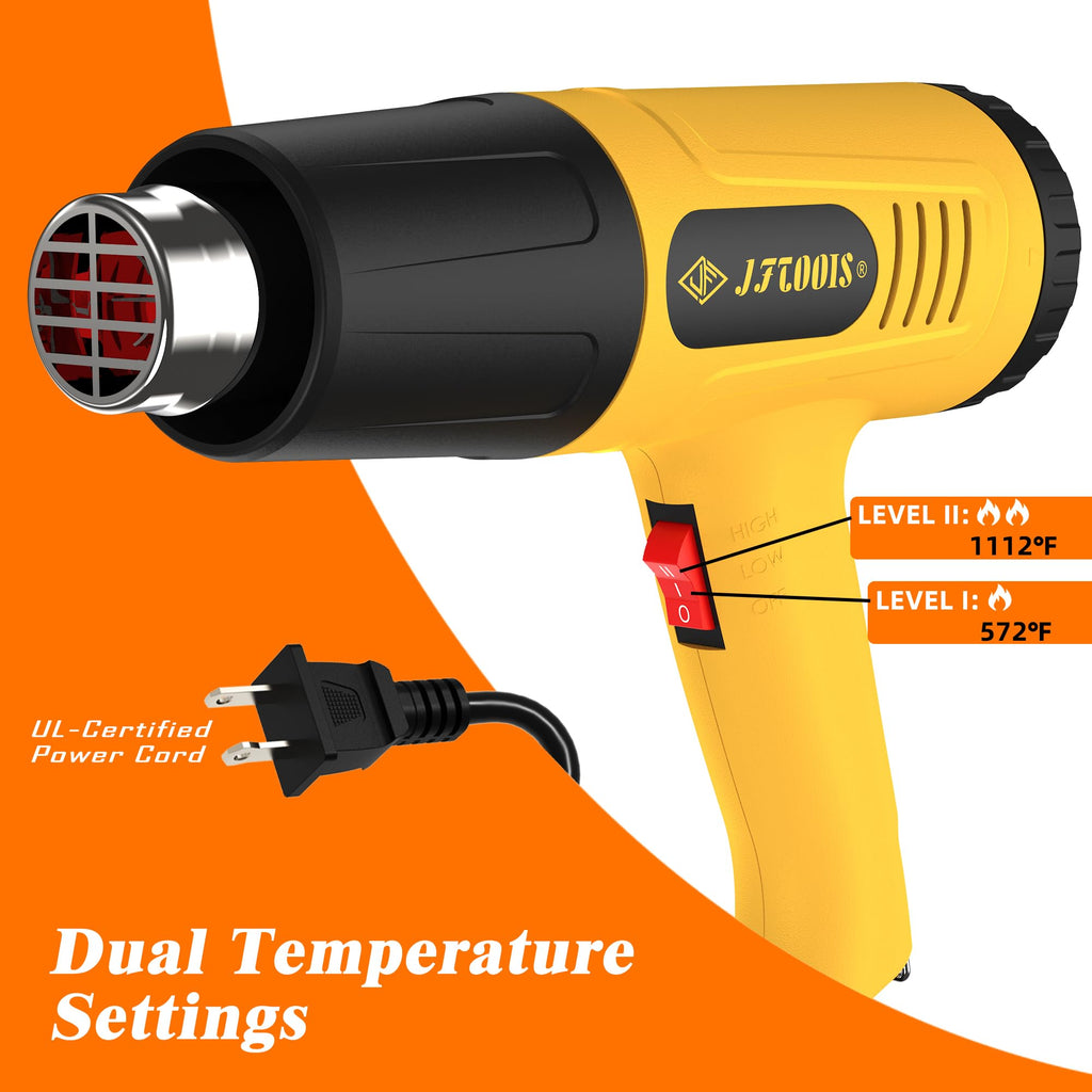 JFTOOIS Heat Gun 572&1112℉ Dual Temperature Control Rapid Heating Heavy-Duty Hot Air Gun Kit, Includes 4 Nozzles, Suitable for Crafts, Heat Shrink PVC, and Paint Removal(JF-2001W)