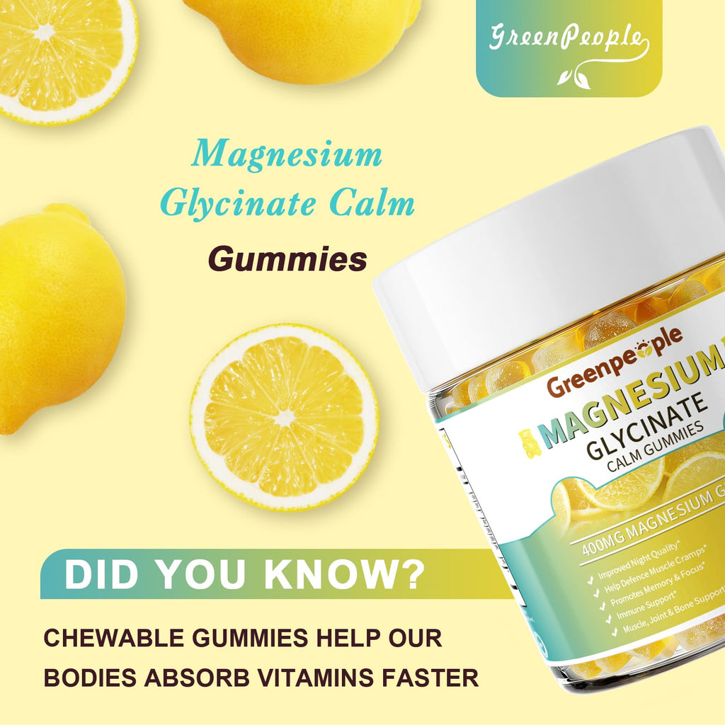 GREENPEOPLE Magnesium Glycinate Gummies 400mg - Sugar Free Magnesium Supplement with Magnesio Citrate, Vitamin D, and B6 for Calm Support & Sleep for Adults - High Absorption - Lemon Gummies