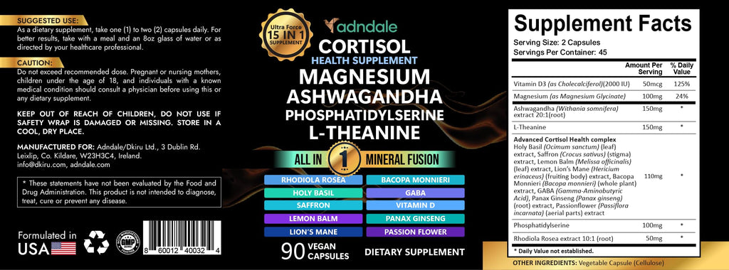 Adndale Cortisol Supplements for Women. Cortisol Reducer 14-in-1 Ashwagandha Supplement with Magnesium Glycinate, L-Theanine & More. 90 Capsules.