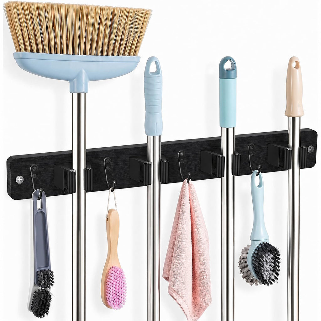 AceMining Broom Holder Wall Mounted, Black 4 Holders and 4 Hooks Mop Holder, Wooden Mop and Broom Holder with Anti slip rubber, Natural pine wood Brush Holder, Mop Wall Holde with Nail installation