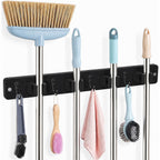 AceMining Broom Holder Wall Mounted, Black 4 Holders and 4 Hooks Mop Holder, Wooden Mop and Broom Holder with Anti slip rubber, Natural pine wood Brush Holder, Mop Wall Holde with Nail installation
