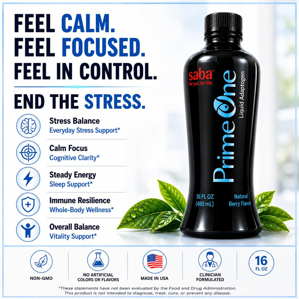 HerbFuse Saba Prime One Liquid Adaptogen Blend with Ashwagandha, Rhodiola, Reishi, Ginseng & Eleuthero - Herbal Supplement, 32 Fl Oz, 63 Servings
