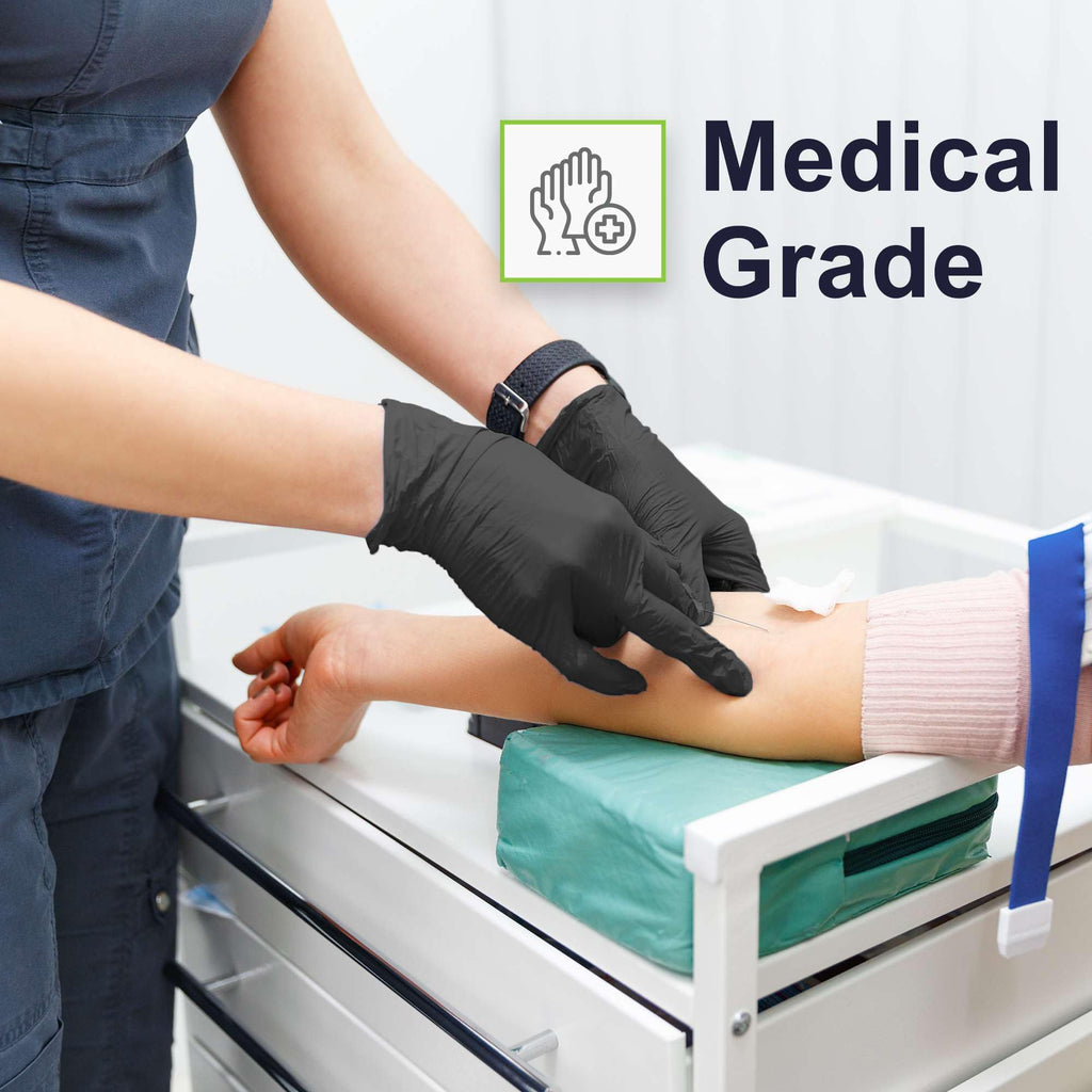 FifthPulse Biodegradable Black Nitrile Gloves 150 Count - Powder Free Disposable Food Grade Medical Exam Gloves for Cooking, Cleaning, Tattoo, Textured Fingertips, Latex Free, Eco-Friendly