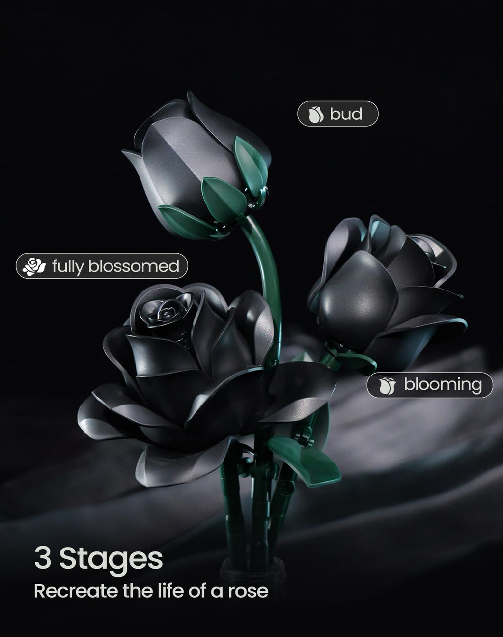 iATOM Black Rose Bouquet Building Set, Compatible with Lego Flowers for Adults - Halloween Artificial Flowers Kit, Gothic Horror Retro Botanical Collection Home Decor - IA11001