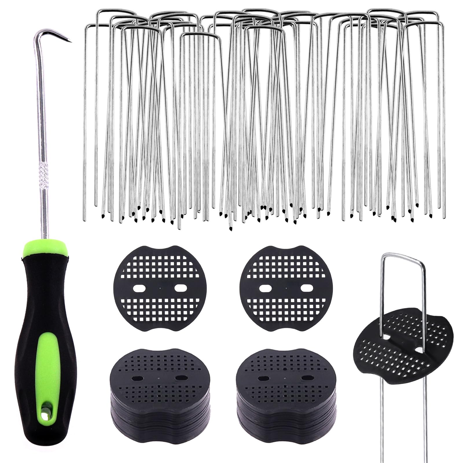 Swpeet 201Pcs U-Shaped Landscape Garden Stakes Staples and Plastic Fixing Gasket with Pick Hook Assortment Kit, Garden Lawn Landscape Staples for Irrigation Hoses, Fixed Fences, Artificial Turf Nails