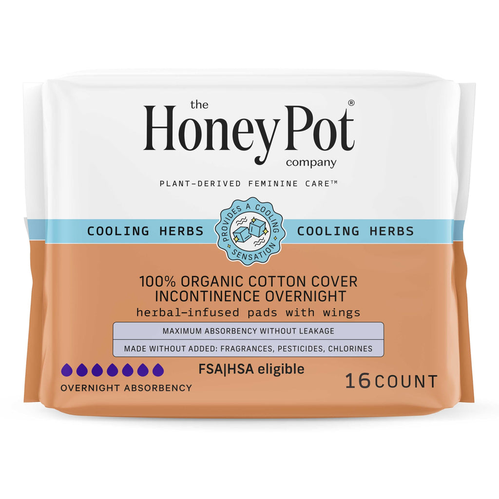 The Honey Pot Company - Herbal Pads for Women - Organic Incontinence Overnight w/Wings - Infused w/Essential Oils for Cooling Effect - Postpartum Essentials - Feminine Care - 16 ct