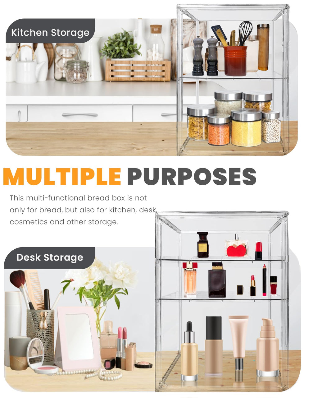 Bread Box,Large Bread Boxs for Kitchen Countertop - 4 Layers Adjustable Bread Storage Container,Clear Boxes for Kitchen Counter, Breads Box Airtight,Bread Holder,Perfect for Bagel Muffins（transparent）