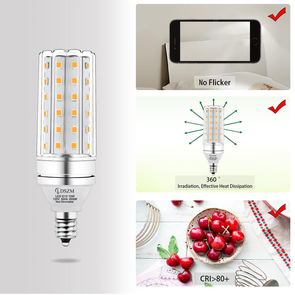 LDSZM E12 LED Bulbs 12W Candelabra led Light Bulb,100 Watt Equivalent 1200lm Warm White 3000K E12 Base LED Chandelier Light Bulbs Non-Dimmable LED Corn Bulbs, Pack of 6