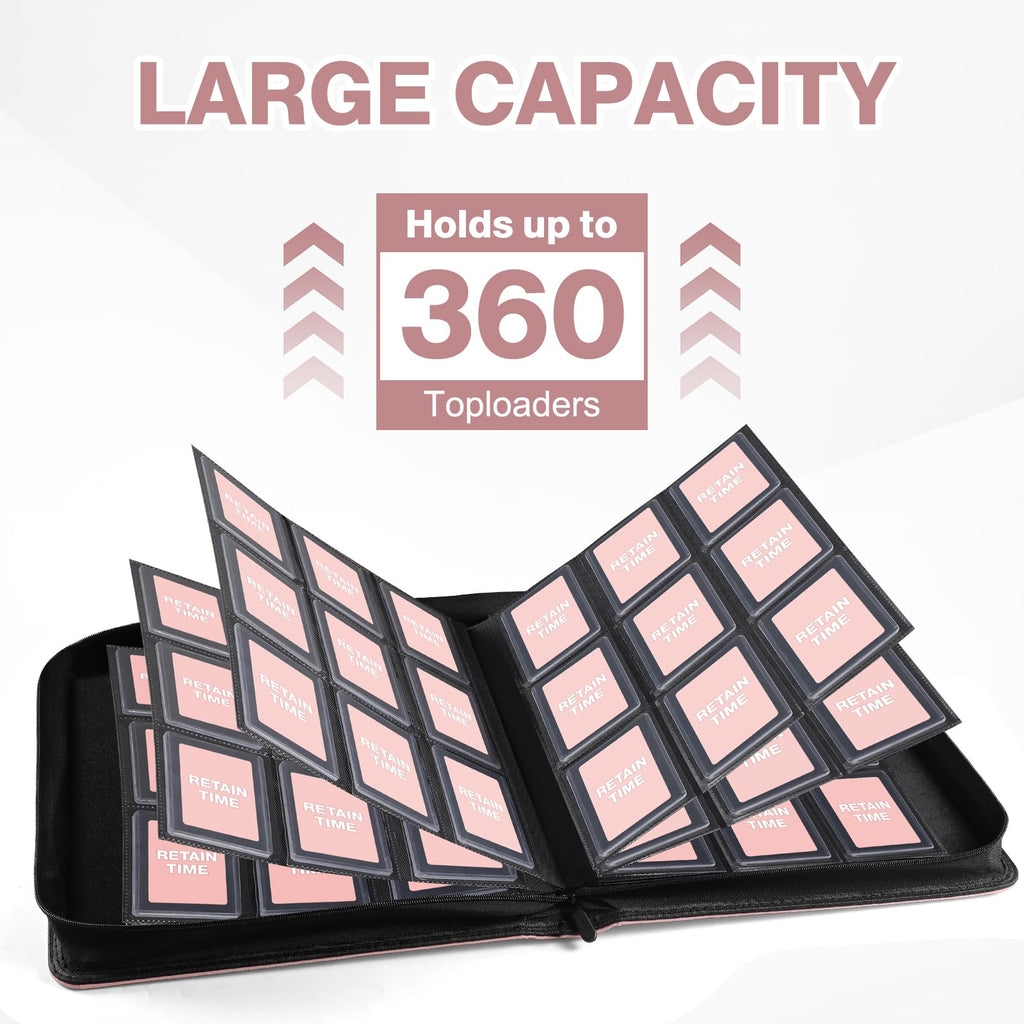 Toploader Binder, Holds 360 Toploaders, 100 Toploaders INCLUDED, 9-Pocket PU Cover Top Loader Binder for 3" x 4" Rigid Toploaders, Ringless Double-Sided Toploader Card Binder for TCG, Sport Cards
