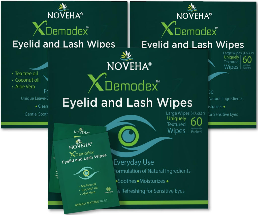 NOVEHA Demodex Eyelid & Lash Wipes | Box of 60 Individually Wrapped Extra Strength Cleansing Eyelash Wipes - Battles Irritated Eyes - Naturally Remove Debris (Pack of 3)