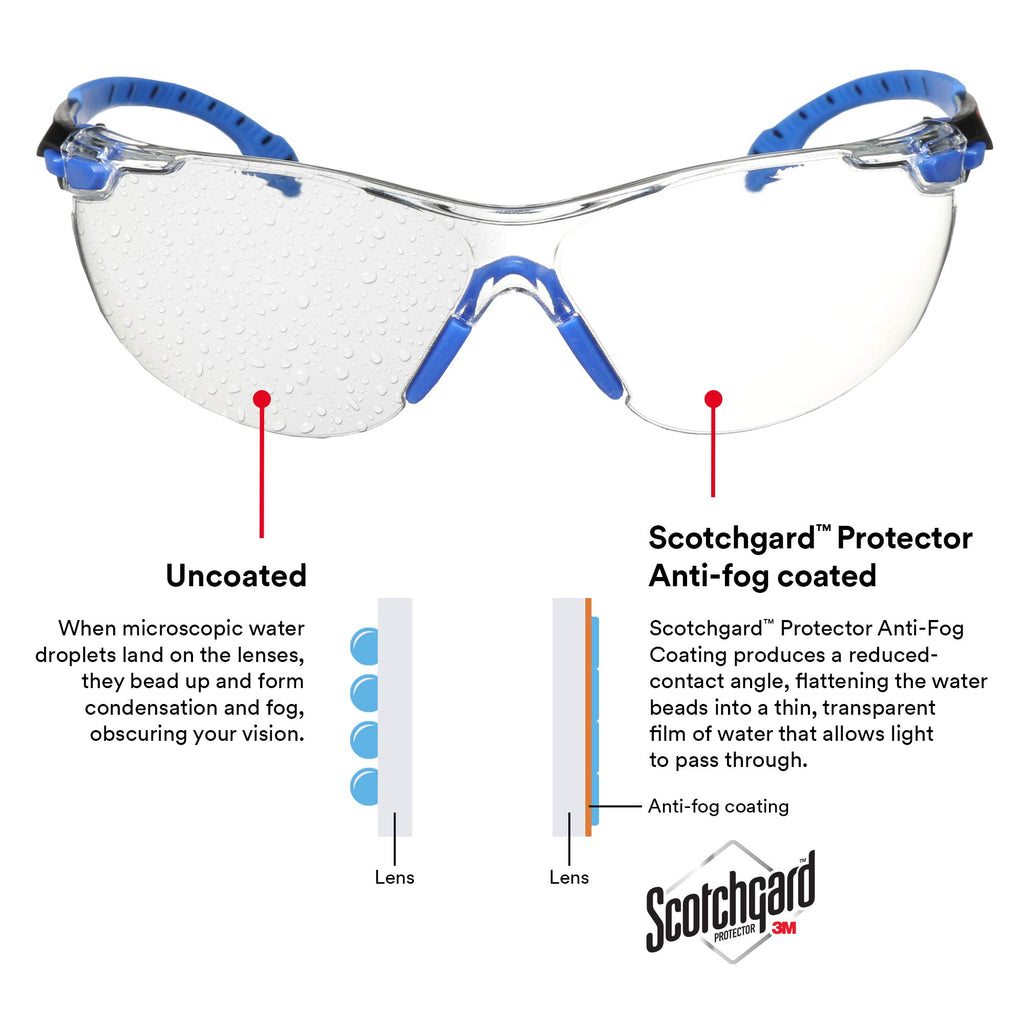 3M Safety Glasses for Men and Women, Solus 1000 Series, ANSI Z87, Scotchgard Anti-Fog, Clear Lens, Low Profile, Blue/Black Frame