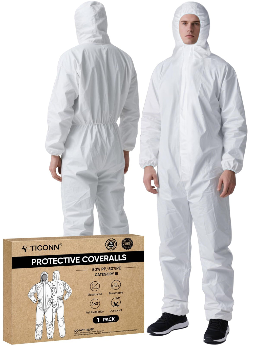 TICONN Hazmat Suit Disposable Coveralls, Full Body Protective Lab Coveralls, Breathable Paint Suit for Men Women (XL, 5PK)