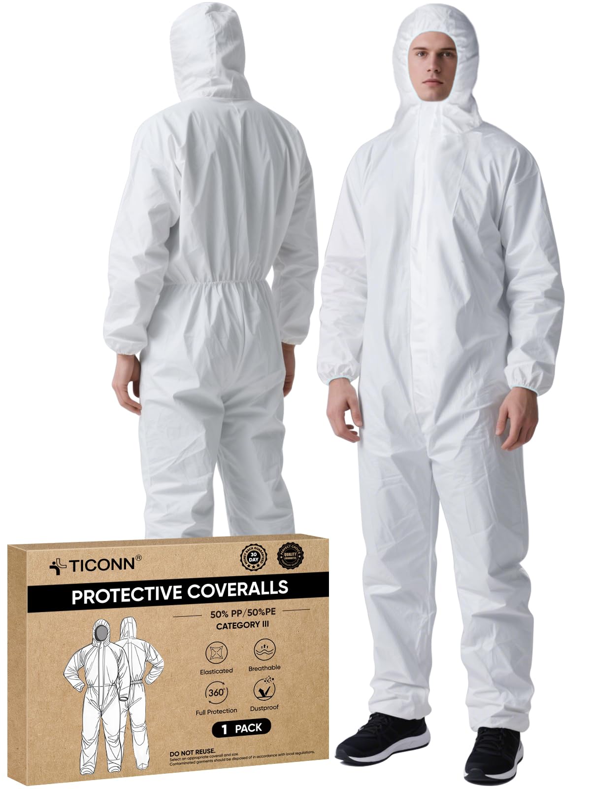 TICONN Hazmat Suit Disposable Coveralls, Full Body Protective Lab Coveralls, Breathable Paint Suit for Men Women (XL, 5PK)