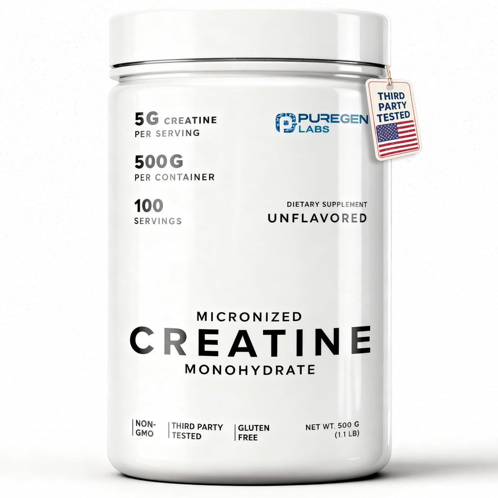 Puregen Labs Micronized Creatine Monohydrate Powder 500g – Pure, Unflavored, No Additives | 5000mg Per Serv (5g) - 100 Servings | Third Party Tested for Quality