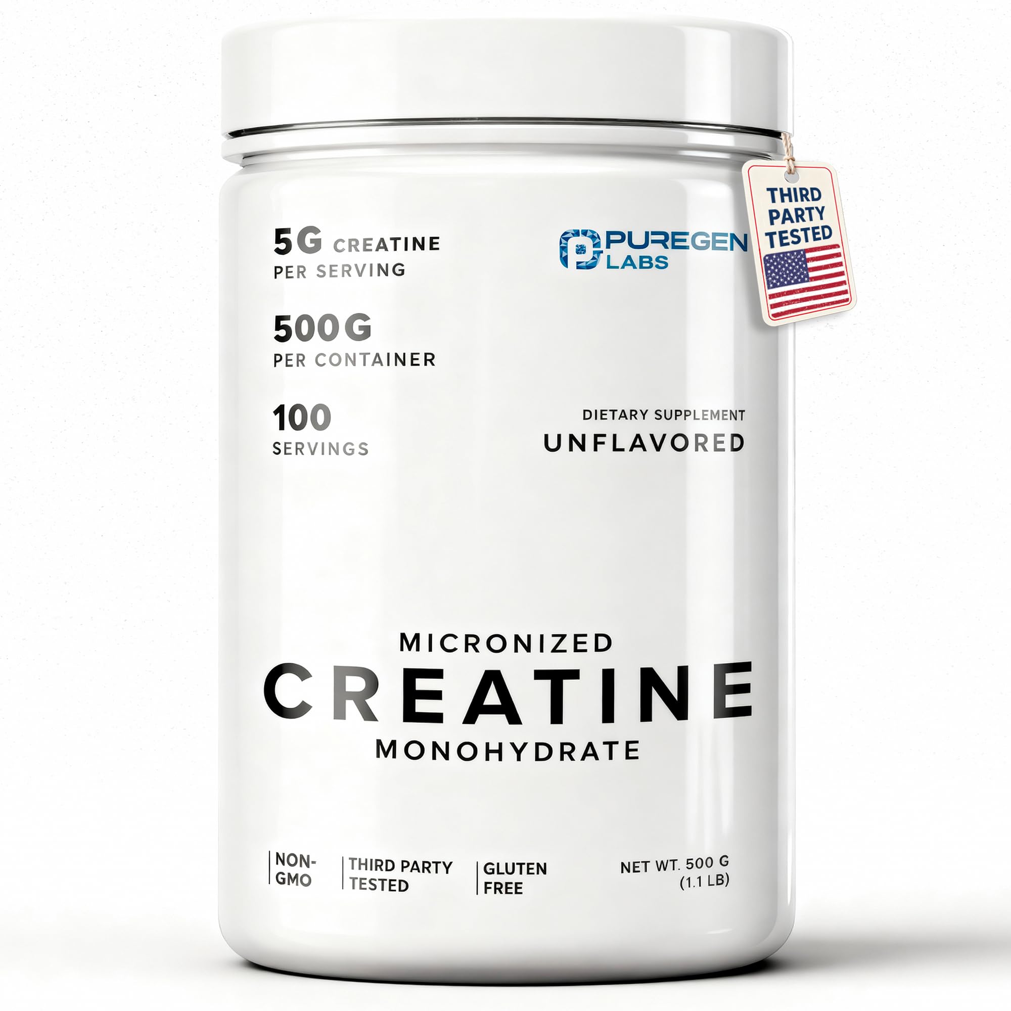 Puregen Labs Micronized Creatine Monohydrate Powder 500g – Pure, Unflavored, No Additives | 5000mg Per Serv (5g) - 100 Servings | Third Party Tested for Quality