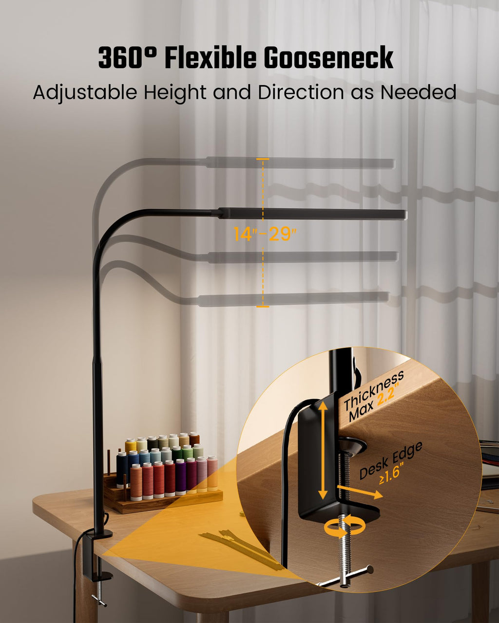 SUPERDANNY Eye-Caring LED Desk Lamp 360° Flexible Gooseneck Work Lamp with Desk Side Clamp Touch Control 3 Light Colors Smooth Dimming Task Lighting Reading Light for Home Office College Dorm, Black