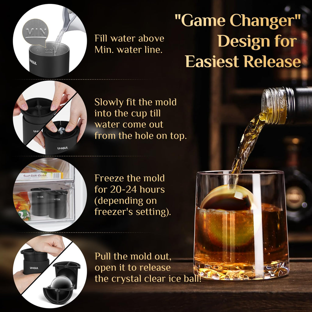 Clear Ice Cube Maker, 2.5" Stainless Large Round Ice Ball Mold for Whiskey