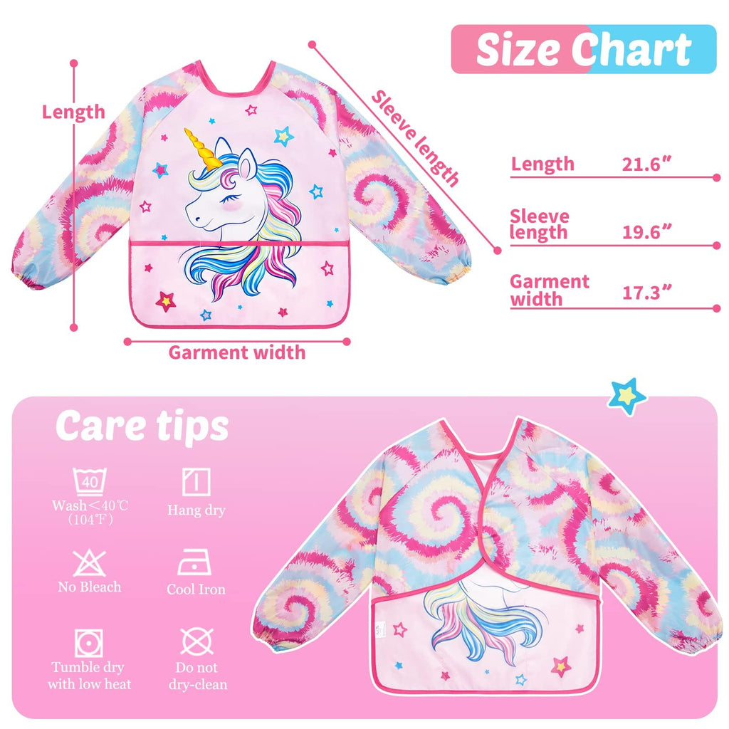WERNNSAI Kids Art Smock for Girls - Kids Aprons Waterproof Toddler Art Painting Smock for Girl with Long Sleeve and 3 Pockets Painting Eating Cooking Baking Gardening Water Play Apron