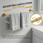 Dovyn Stainless Steel Suction Cup Towel Bar, Adjustable Towel Racks for Bathroom (14.6-24 Inch) - Bathroom Towel Holder Wall Mounted for Glass Shower Door & Wall (Brushed Gold)