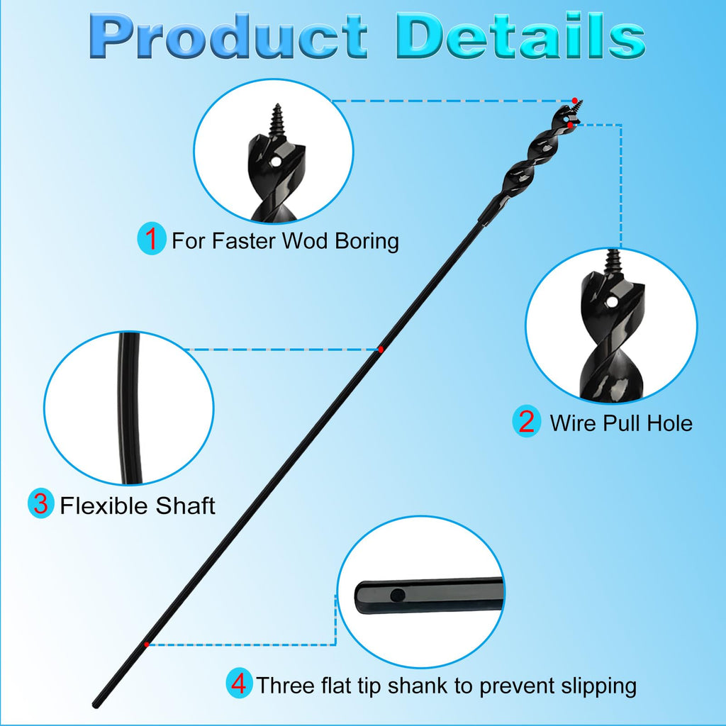 Flexible Installer Drill Bit for Pulling Wires Through Walls Ceilings and Sidewalks, 54-Inch Long, 3/8-Inch Auger with a Fish Eye Hole and Screw Point, 3/16" 3-Flat Anti-Slip Shank.
