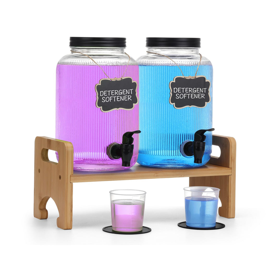 2-Pack Laundry Detergent Dispenser with Bamboo Stand，1 Gallon Laundry Soap Dispenser with Measuring Cup，Glass Laundry Detergent Containr for Laundry Room Organization and Storage