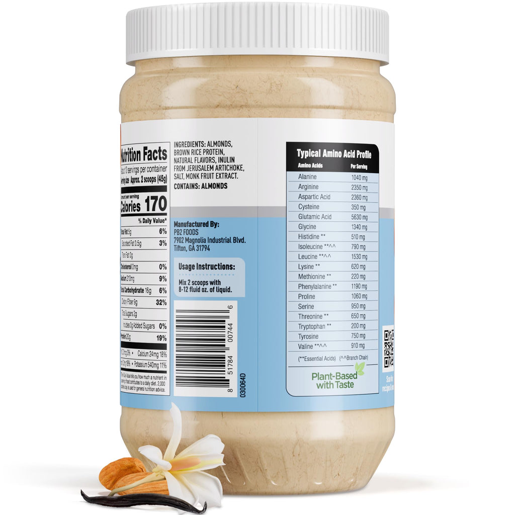 PB2 Performance Almond Plant Based Vegan Protein Powder | 20g Complete Protein, No Added Sugar, Prebiotic Fiber | Dairy Free, Certified Vegan, Non-GMO, Gluten Free [Almond w/Madagascar Vanilla, 1LB]