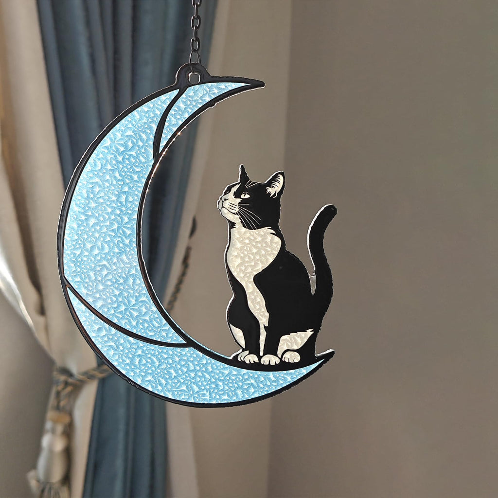YULAIKUAI Black and White Cat Gift,Tuxedo Cat Stained Glass Art Suncatcher