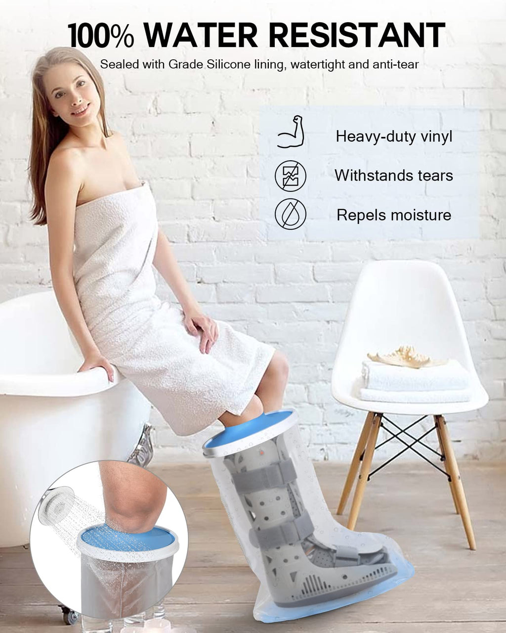 DNEOUXI Waterproof Extra Wide Leg Cast Cover for Shower, Extra Large Watertight Foot Protector Cover with Non-Slip Bottom for Plus Size Adults Surgery Casts Boots, Fits Leg Size 12"-29"
