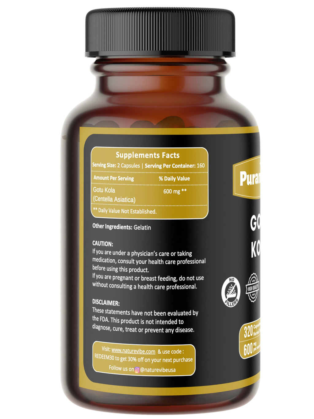 Puranicals Gotu Kola Premium 320 Capsules Non GMO and Gluten Free | Herbal Supplement | 600 mg Per Serving | Made with 100% Pure Gotu Kola Powder