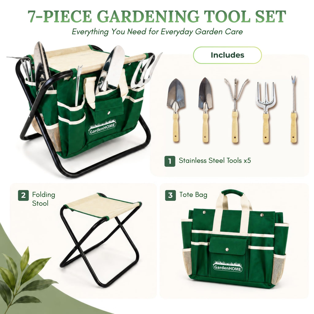 GardenHOME 7-Piece Gardening Tool Set with Folding Stool and Storage Tote Bag, Stainless Steel Garden Tools with Wooden Handles, Garden Kit for Planting, Weeding, Pruning, Yard Work, Gardening Gifts