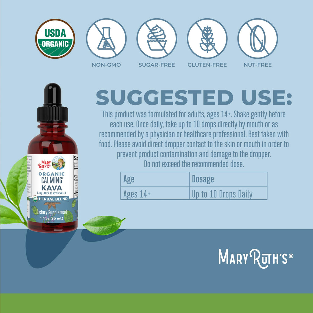 MaryRuth Organics, Herbal Supplement Drop, Calmness & Relaxation, Pack of 1, USDA Kava Root, Sugar/Gluten Free, Support Sleep, Calm & Stress Relief, Vegan, Non-GMO, 30 Servings