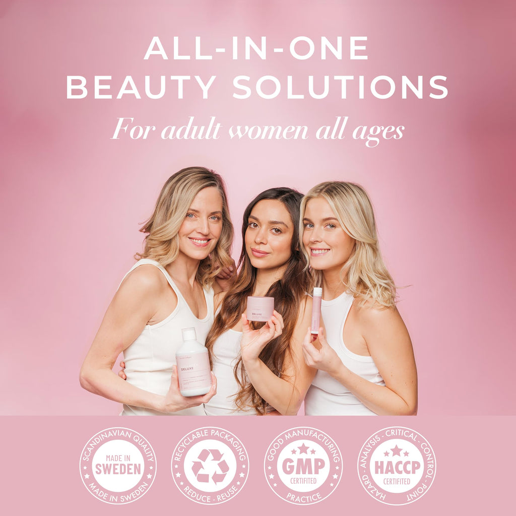 Swedish Collagen Deluxe | 12,500 mg Hydrolysed Marine Collagen Liquid Supplement - 30 x 25 ml Daily Shots | Hyaluronic Acid, Biotin and Vitamin C for Healthy Hair, Skin, Nails and Joints | Sugar-Free