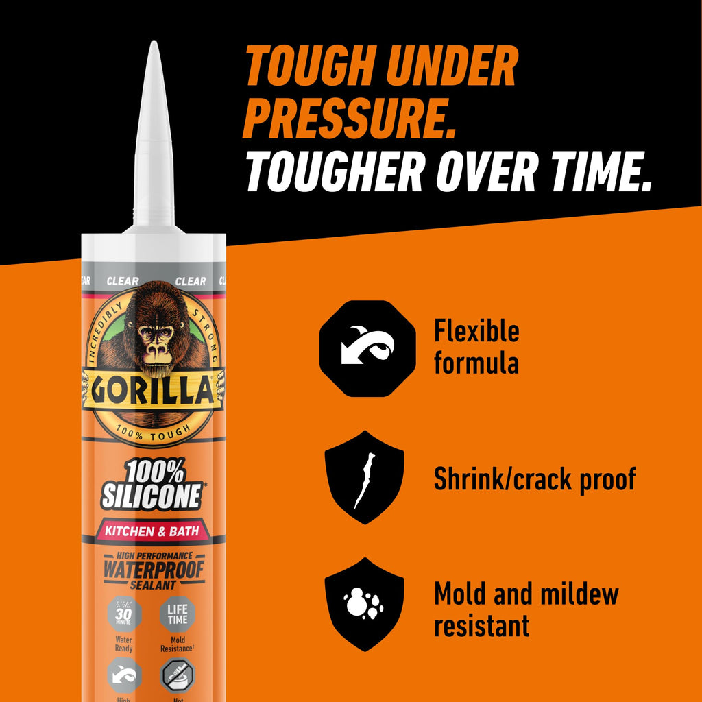 Gorilla 100% Silicone Caulk, Kitchen & Bath Sealant, 10oz Cartridge, Clear