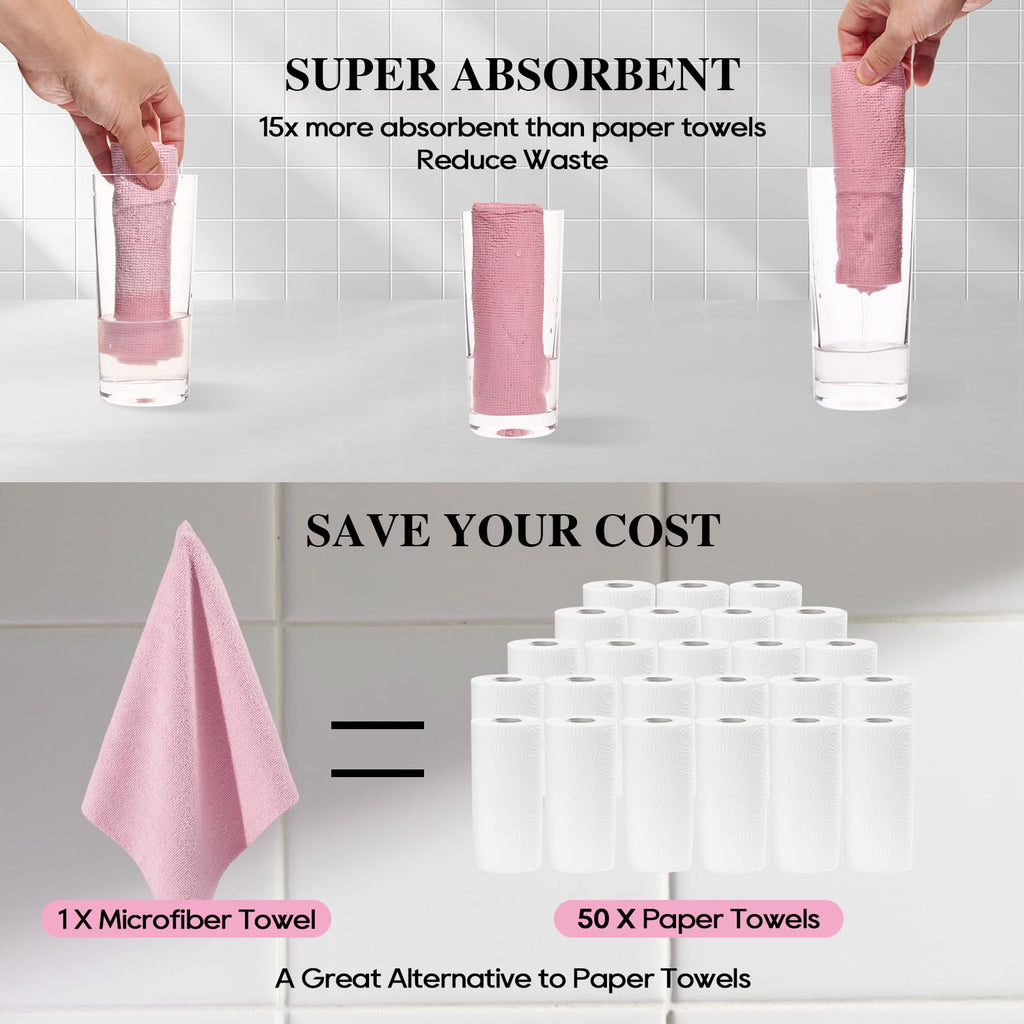 Honova Microfiber Cleaning Cloth Roll-90 Pack, Tear Away Towels，Paper Towel Alternative, 12" x 12"，Reusable, Washable, Scratch Free, Highly Absorbent Dish Rags for Car, Home, Garage or Shop(Pink&Grey)
