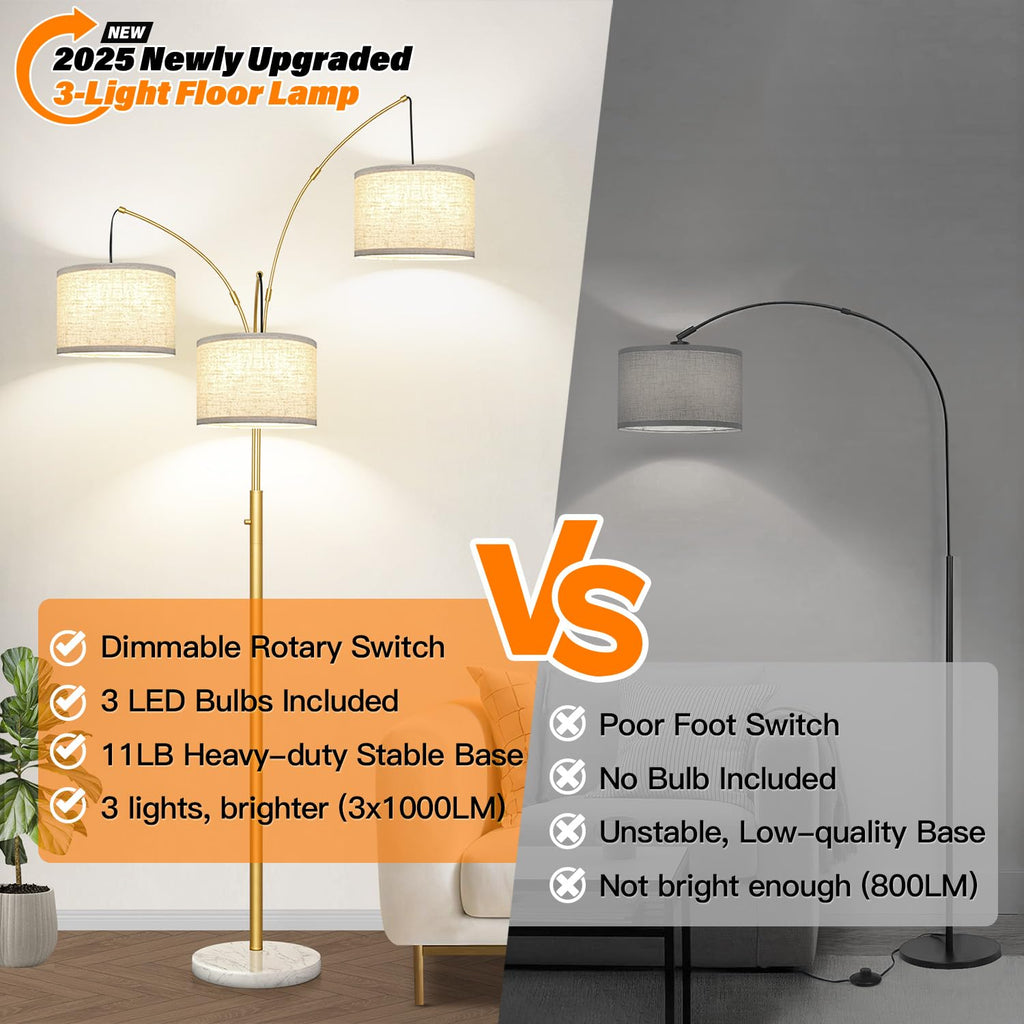 Dimmable Floor Lamp - 3 Lights Gold Arc Floor Lamps for Living Room, 1000LM Modern Tall Standing Lamp with White Shade&Marble Base, Mid Century Tree Floor Lamp for Bedroom Office, 3 LED Bulbs Included