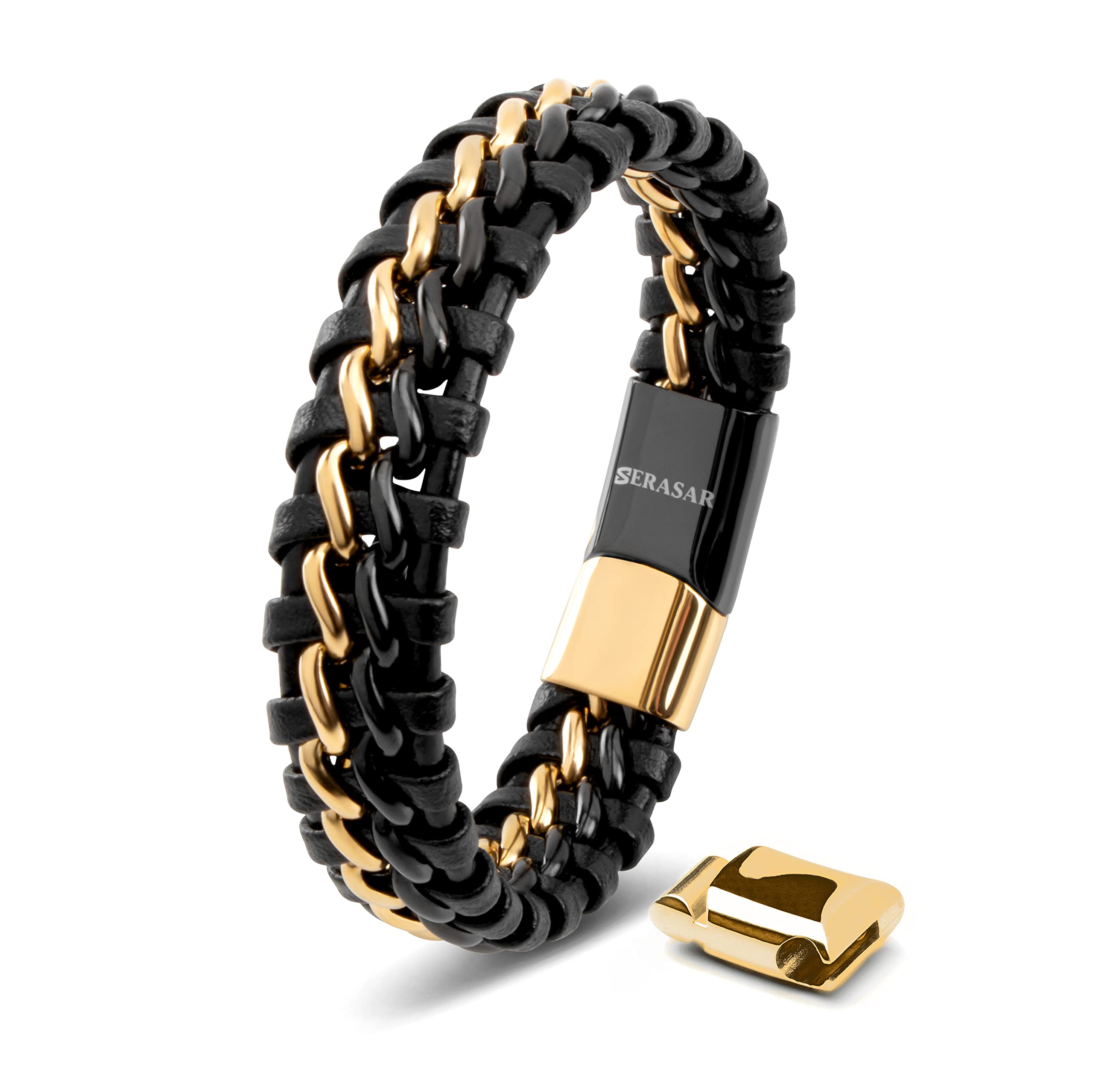 SERASAR Leather Men Bracelet Black Gold Steel Braided Jewelry Gift 8 inch