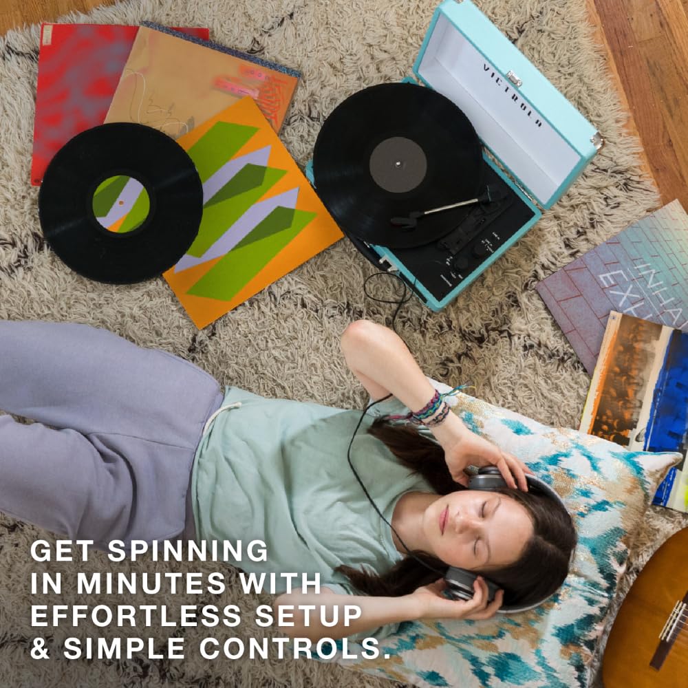 Victrola Journey Bluetooth Portable Suitcase Record Player – with Built-in Speakers, 3 Speed Vinyl Record Player, RCA Out, Headphone Jack (Black)