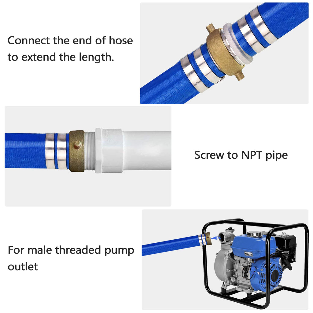 DAVCO 2" ID × 100 ft Pool Backwash Hose, Heavy Duty Reinforced Blue PVC Lay Flat Water Discharge Pump Hoses For Swimming Drain Pools and Clean Filters, With Aluminum Pin Lug Fittings