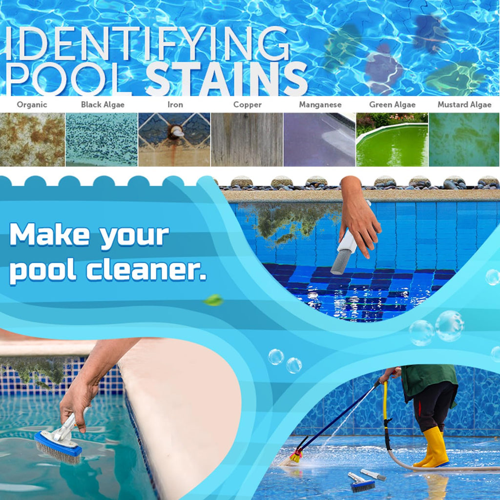 NEOHATION Pool Pumice Stone and 5 inch Stainless Steel Pool Brush Kit with EZ-Clip Handle to Reomve Erase Rust Stain Spot in Concrete Plaster Pool Spa and Calcium Deposit on Pool Tile, BPST01