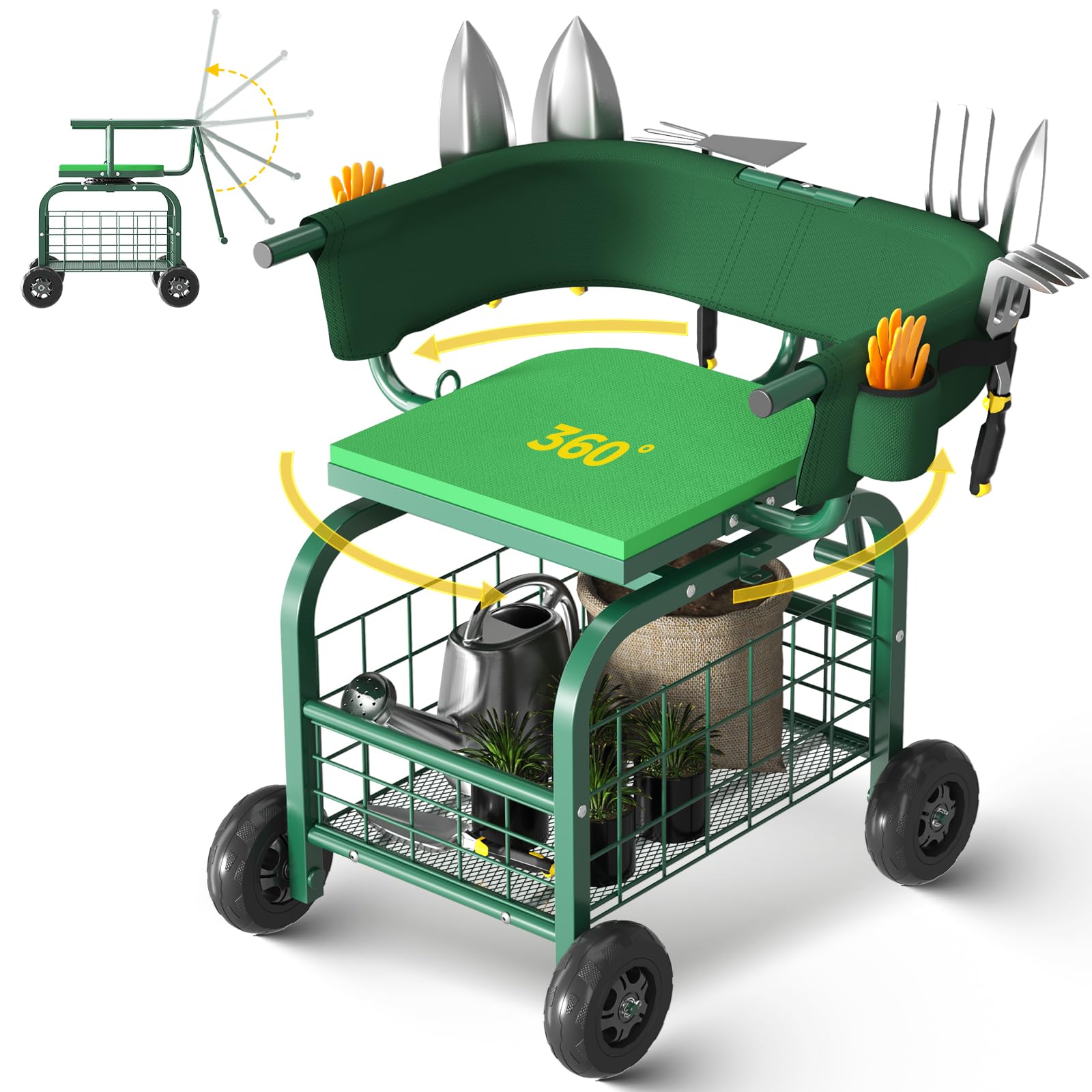 Suntee Garden Seat with Wheels, Rolling Gardening Stool with 360° Swivel Seat & Backrest,Tool Storage Basket & Back Tool Pouch, Adjustable Handle, Outdoor Gardening Scooter, Garden Cart for Seniors