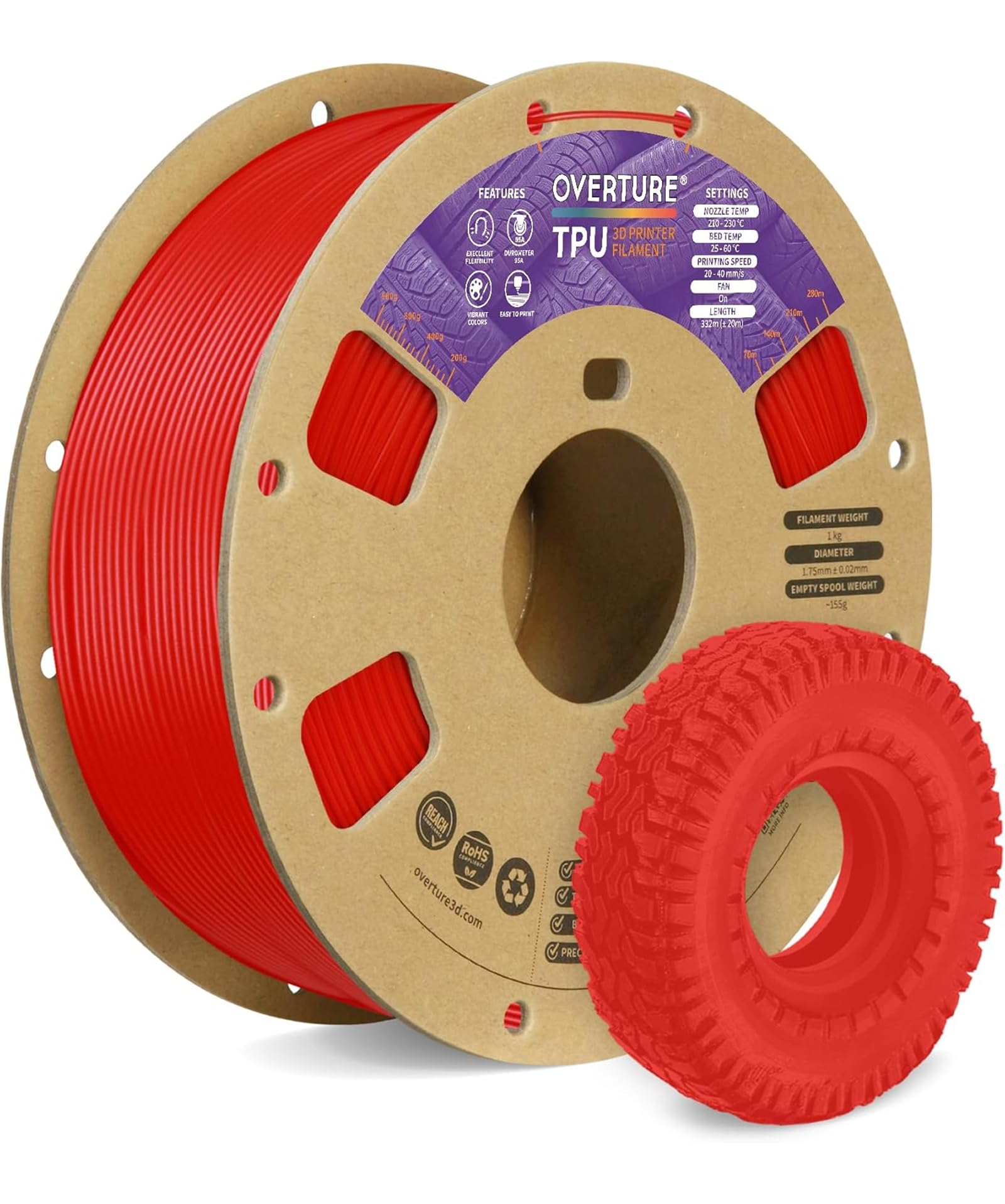 OVERTURE TPU 95A Flexible 3D Printer Filament 1.75mm, 1kg Red