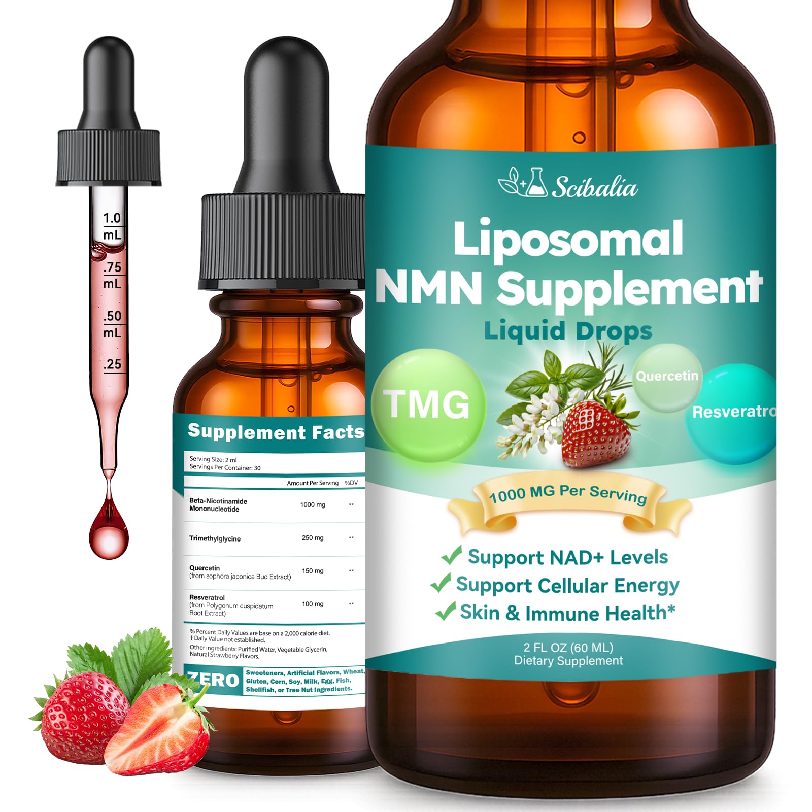 Scibalia NMN Supplement Liquid Drops,4-in-1 NMN Beta 1000mg w. Quercetin TMG Resveratrol for Anti Aging Energy & Immune Support, NMNH Alternative Liposomal High Absorption for Women Men