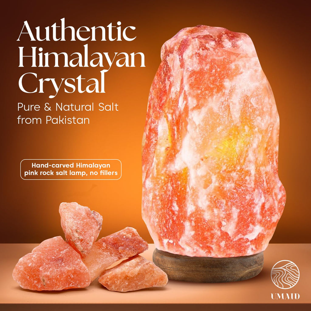 UMAID Himalayan Salt Lamp 8–10" (7–11 lb) Dimmable Pink Rock Salt Lamp with Wooden Base & Night Light Bulb, Spa Home Decor Lamp for Bedroom, Office Desk & Meditation Room, Unique Gifts for Men & Women
