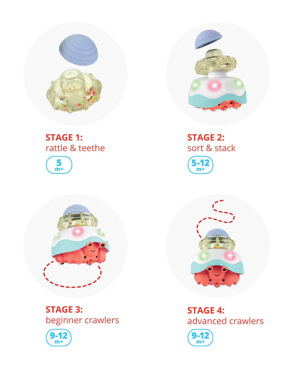 Skip Hop Baby Crab Crawl Toy Stack & Crawl 4-in-1 Sensory Development Infant Tummy Time Toy with Lights Sounds and Music Age 5m+