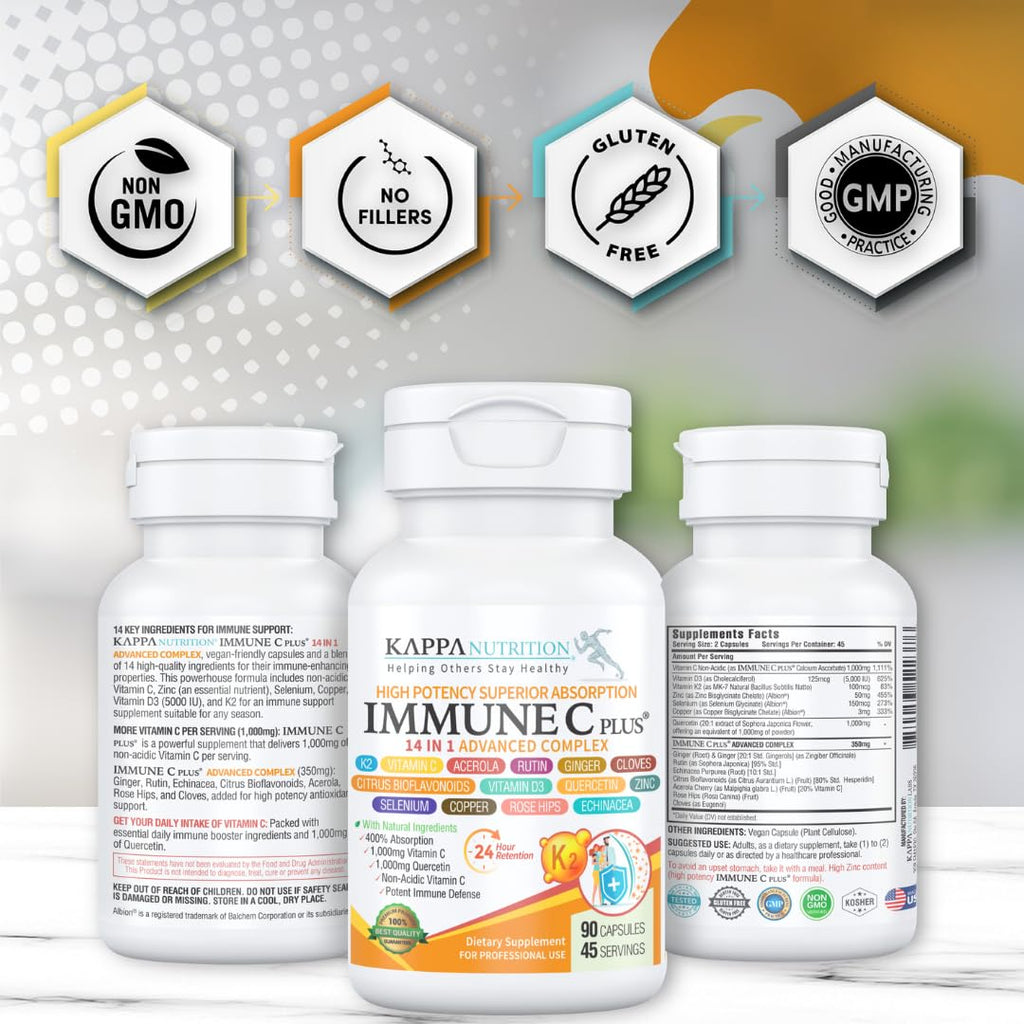 Quercetin 1,000mg, Vitamin C 1,000mg, Zinc 50mg, Vitamin D3 5,000iu, Selenium, Copper, Acerola, Ginger, Rutin, Bitter Orange, Rose Hips, Echinacea, Immune C Plus, 14 in 1 Immune C Plus (120 Count)