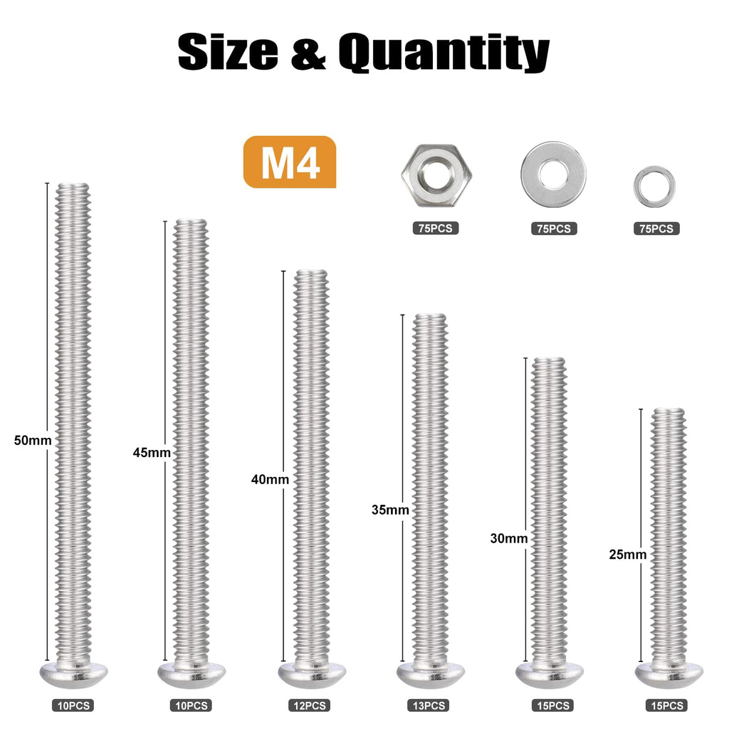 VGBUY 300pcs M4 Screws Assortment, M4 Screws Bolts for 3D Printer DIY, Hex Button Head Cap Screw Bolts Nuts Washer Kit, 304 Stainless Steel, 25/30/35/40/45/50mm