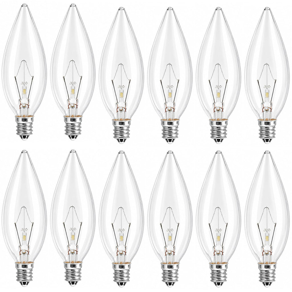MEQIQTEK E12 60 Watt Incandescent Candle Light Bulbs, Chandelier Light Bulbs for Ceiling Fan, Vanity, Outdoor - Warm White 2500K, 600 Lumen Dimmable B10 Clear Candelabra Base Bulbs (12 Pack)