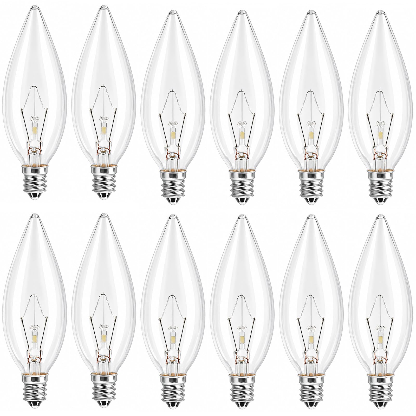 MEQIQTEK E12 60 Watt Incandescent Candle Light Bulbs, Chandelier Light Bulbs for Ceiling Fan, Vanity, Outdoor - Warm White 2500K, 600 Lumen Dimmable B10 Clear Candelabra Base Bulbs (12 Pack)