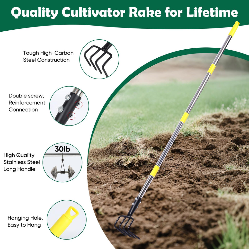 Garden Hand Tiller Cultivator, 4-Tine Adjustable Long Handle