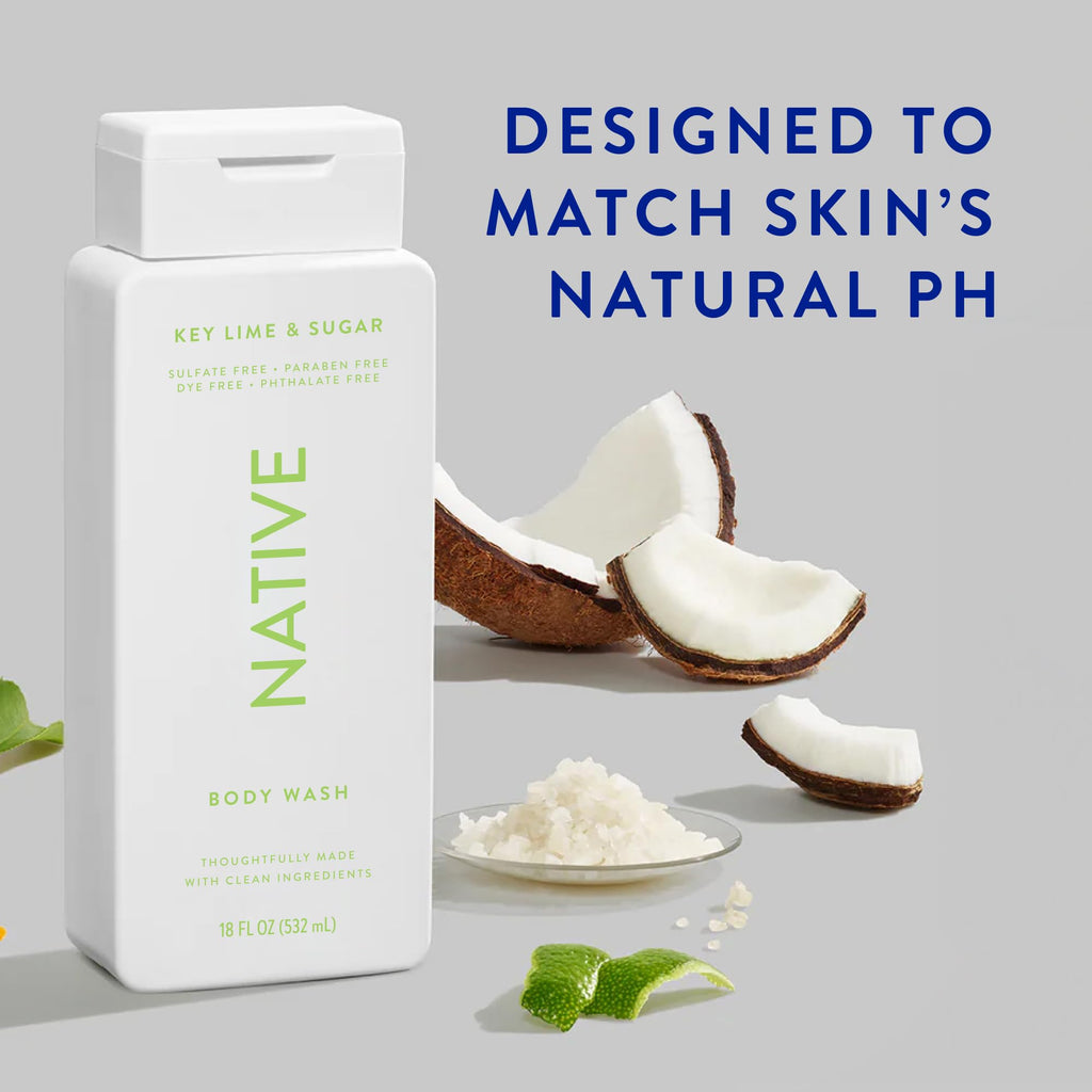 Native Body Wash Contains Naturally Derived Ingredients | For Women & Men, Sulfate, Paraben, & Dye Free Leaving Skin Soft and Hydrating | Key Lime & Sugar 18 oz